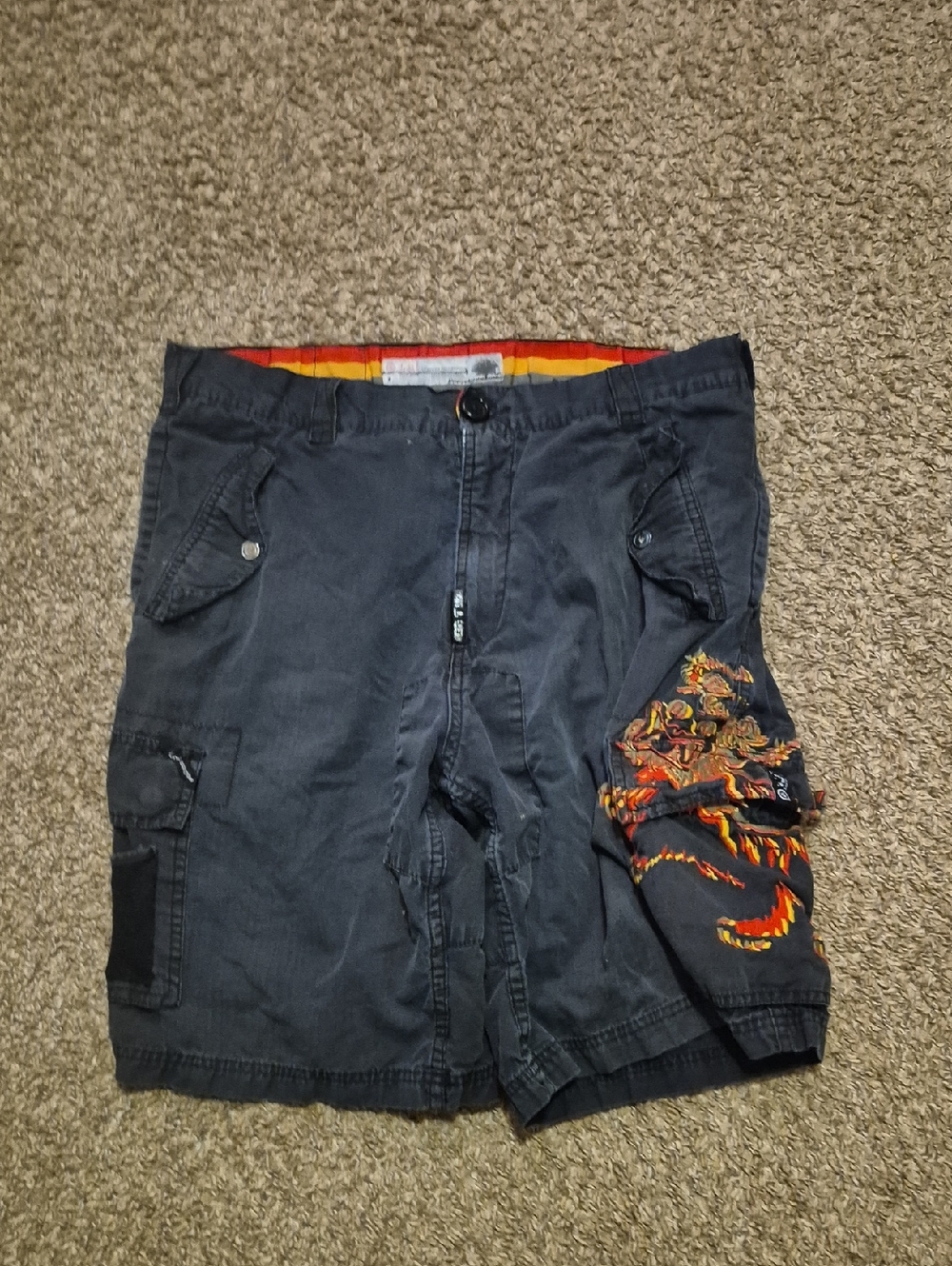 Jnco Style Y2k Lrg Men's Charcoal Cargo Shorts with Orange Red Embroidery